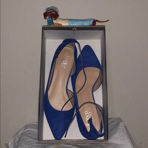 Franco Sarto blue leather flat strap shoes.